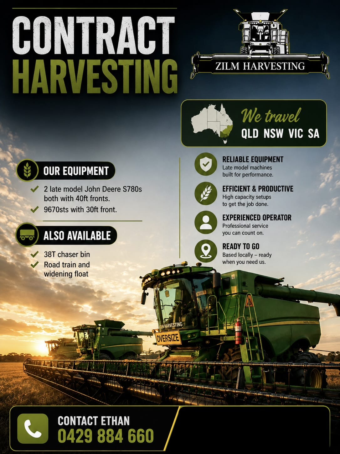 Promotional poster for contract harvesting showing green combine harvesters in a sunset field, with headings for equipment and contact details (Contact Ethan 0429 884 660).