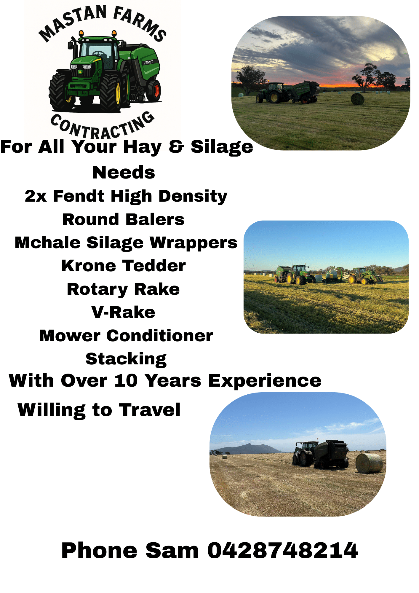 Promotional farm contracting flyer showing tractors, hay fields, and contact phone number for Mastan Farms.