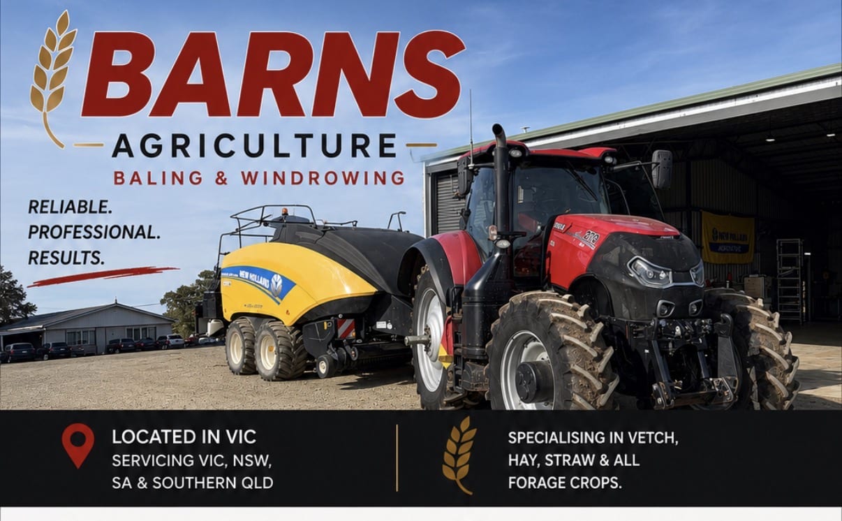 Billboard for Barns Agriculture showing a red tractor and a yellow baler in a farm yard, with headings about baling, windrowing and service areas in VIC, NSW, SA & QLD.