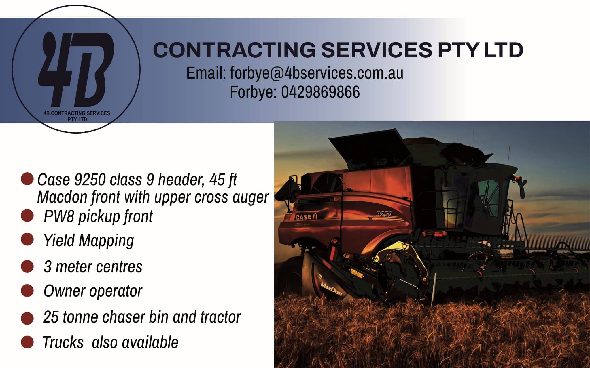 Banner for 4B Contracting Services with logo on left, company name in a blue gradient bar, and a large truck photo on the right; conveys branding and service context