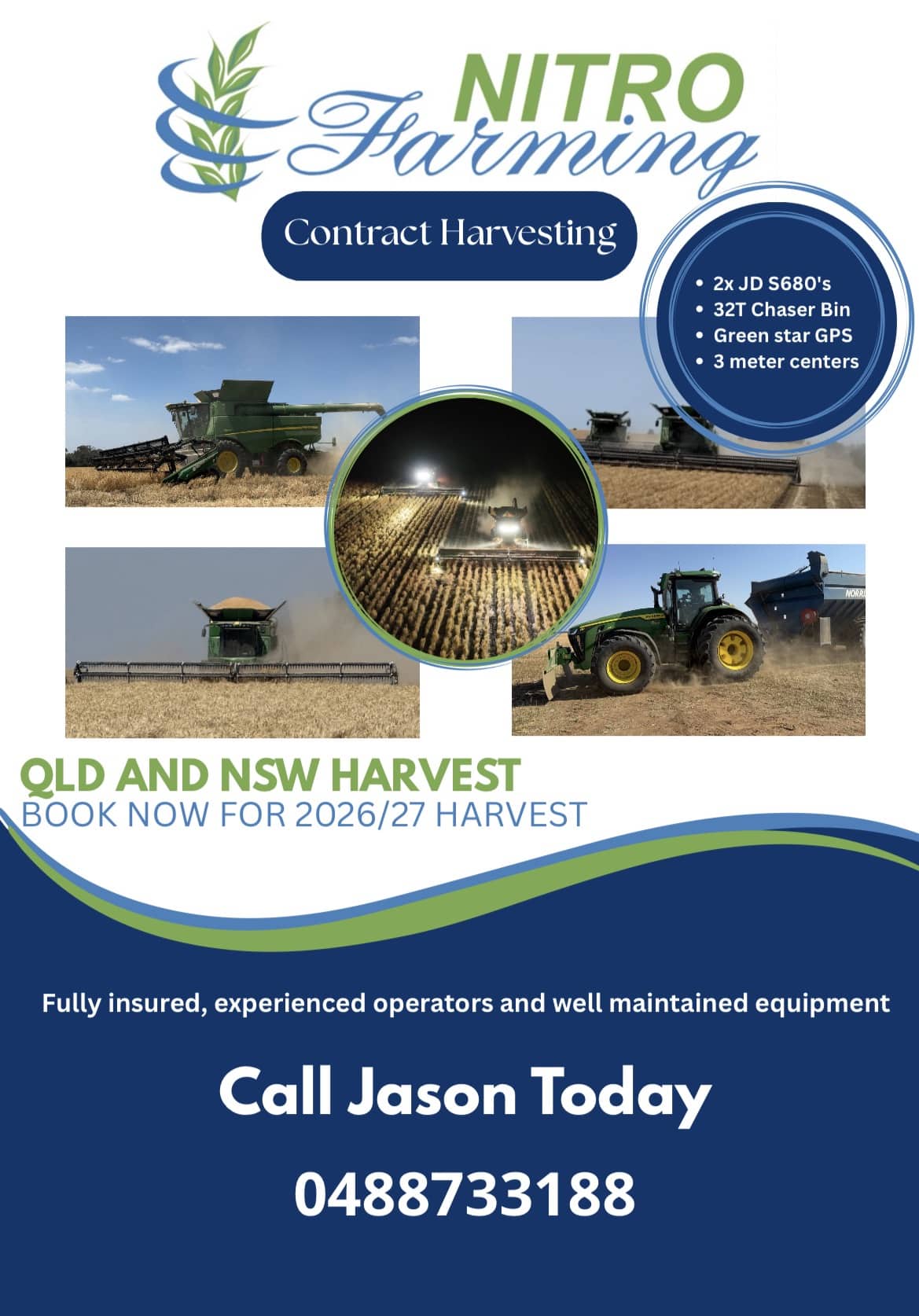 Nitro Farming Contract Harvesting logo above a collage of harvesters; central circular night-time harvest photo, with 'QLD AND NSW HARVEST' text and a contact number.