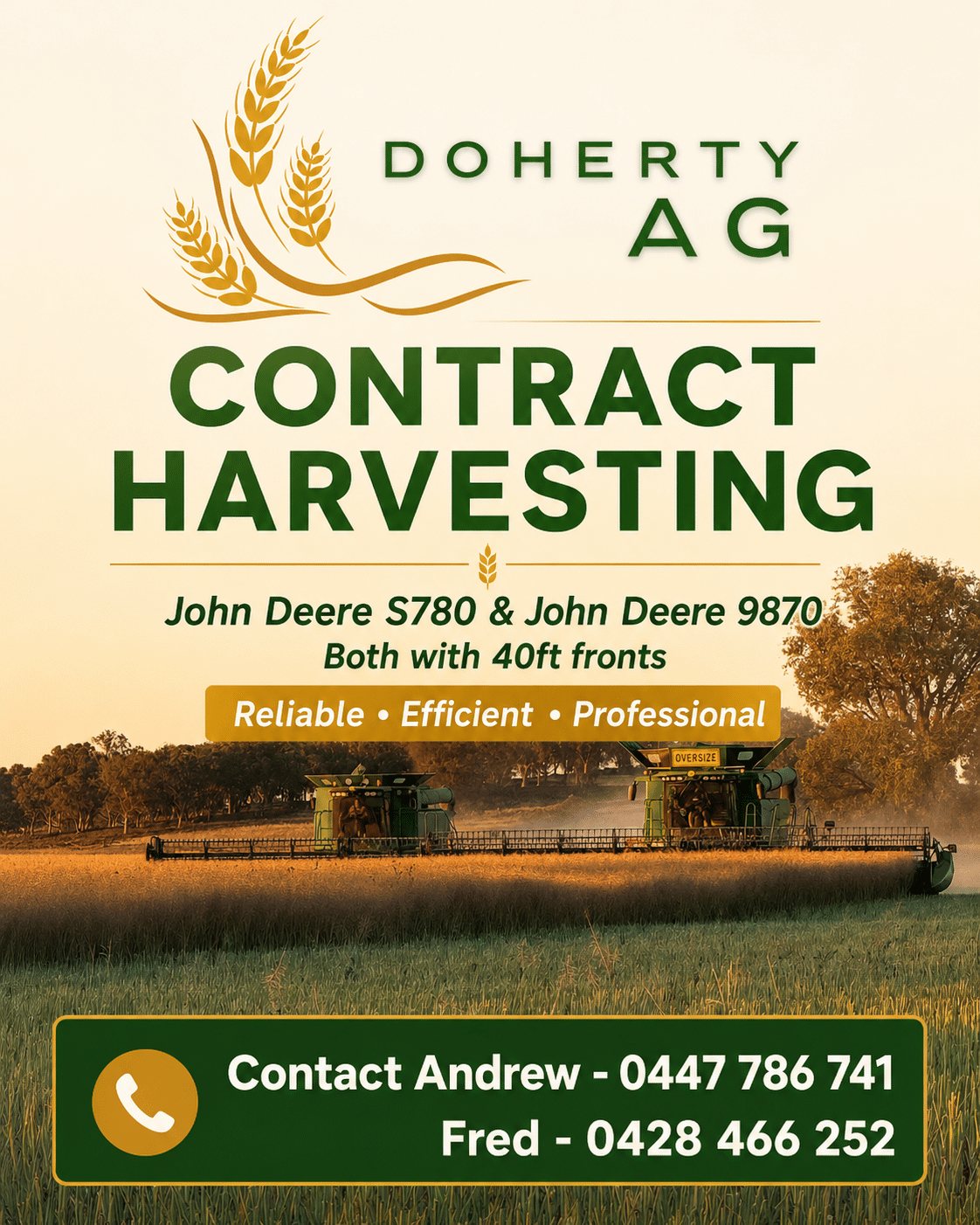 Advertising poster for Doherty AG Contract Harvesting with wheat graphics, two John Deere harvesters in a field at sunset, and contact numbers for Andrew and Fred.