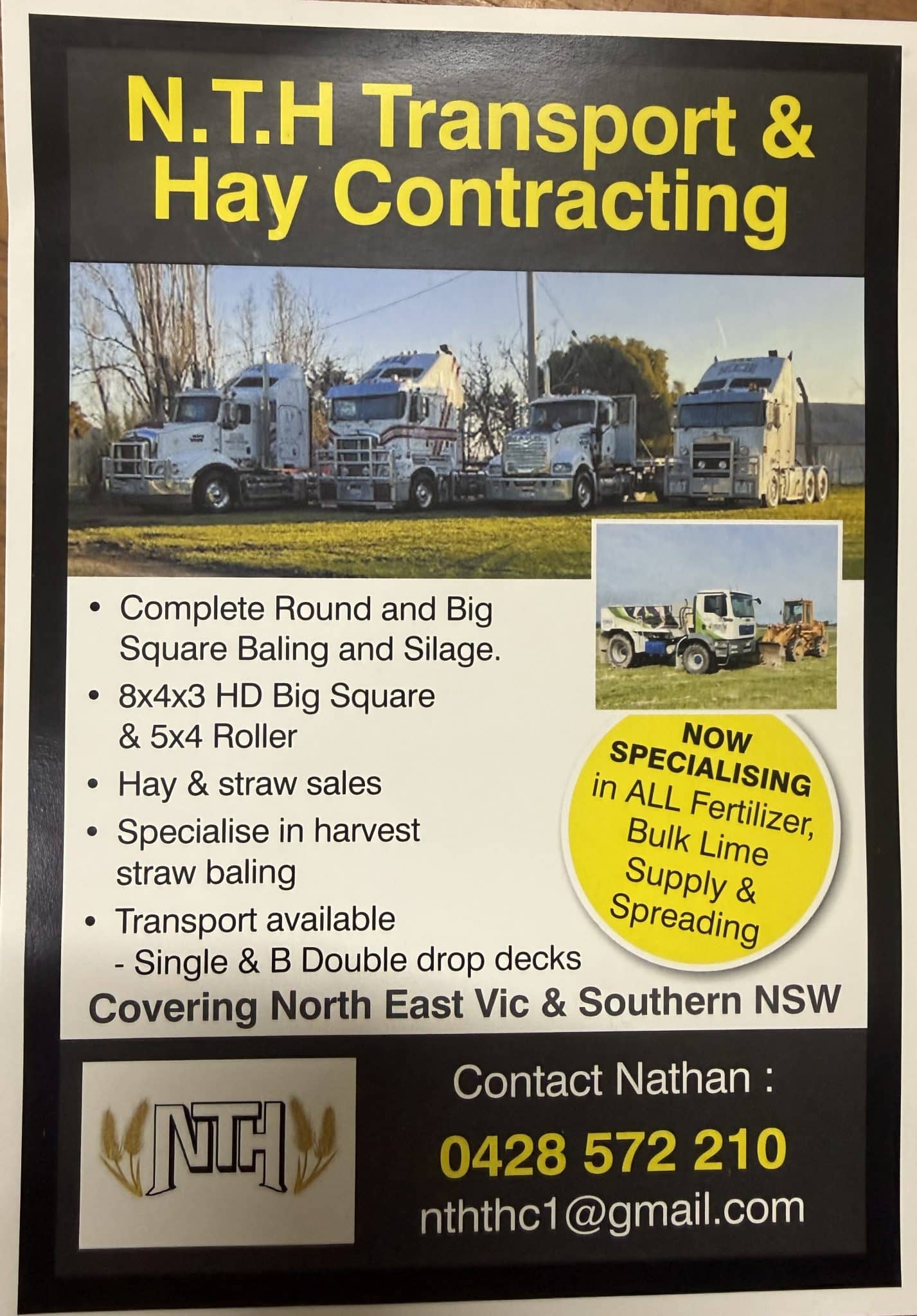 Poster for N.T.H Transport & Hay Contracting with a row of white trucks on a grassy lot, listing services and contact details.