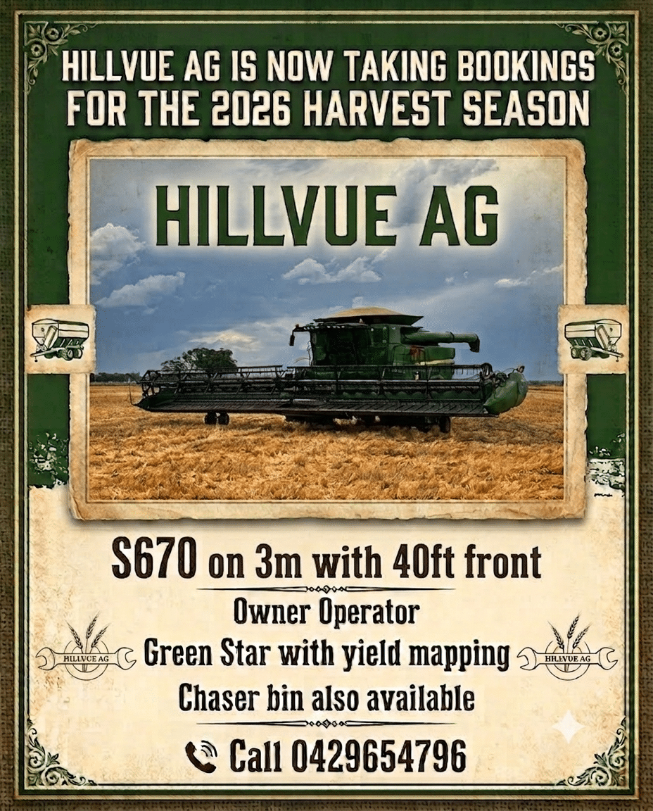 Advert for Hillvue AG: a green combine harvester in a golden field with bold text 'HILLVUE AG' above.