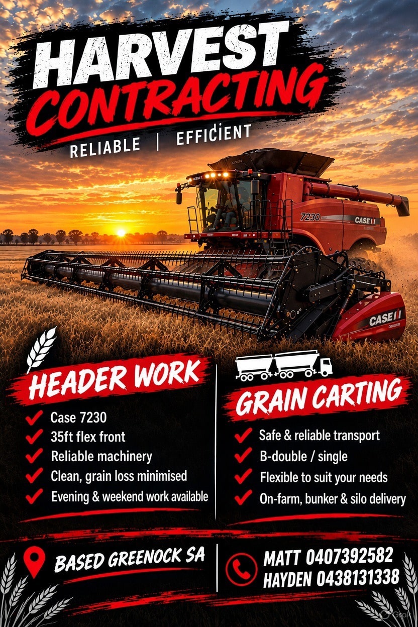 Poster for Harvest Contracting featuring a red CASE combine harvester in a field at sunset, listing services and contact info.