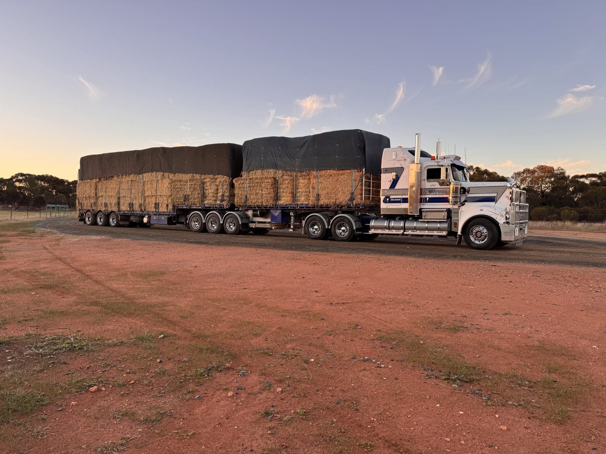 Semi-truck hauling a long trailer stacked with bales of hay covered by tarps at sunset in a rural field
