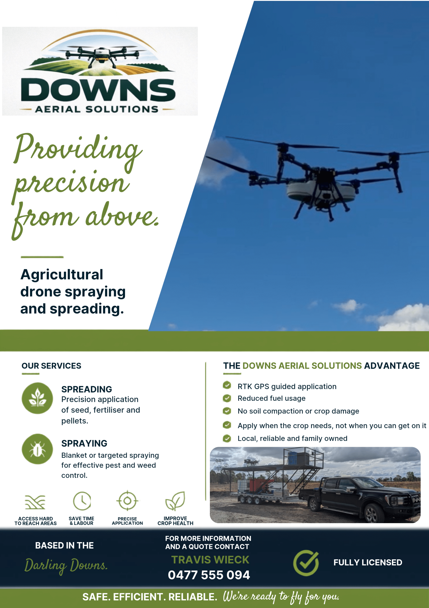 Poster-style image showing a drone in flight with the Downs Aerial Solutions logo and the slogan 'Providing precision from above.' (agricultural drone spraying/solutions theme).