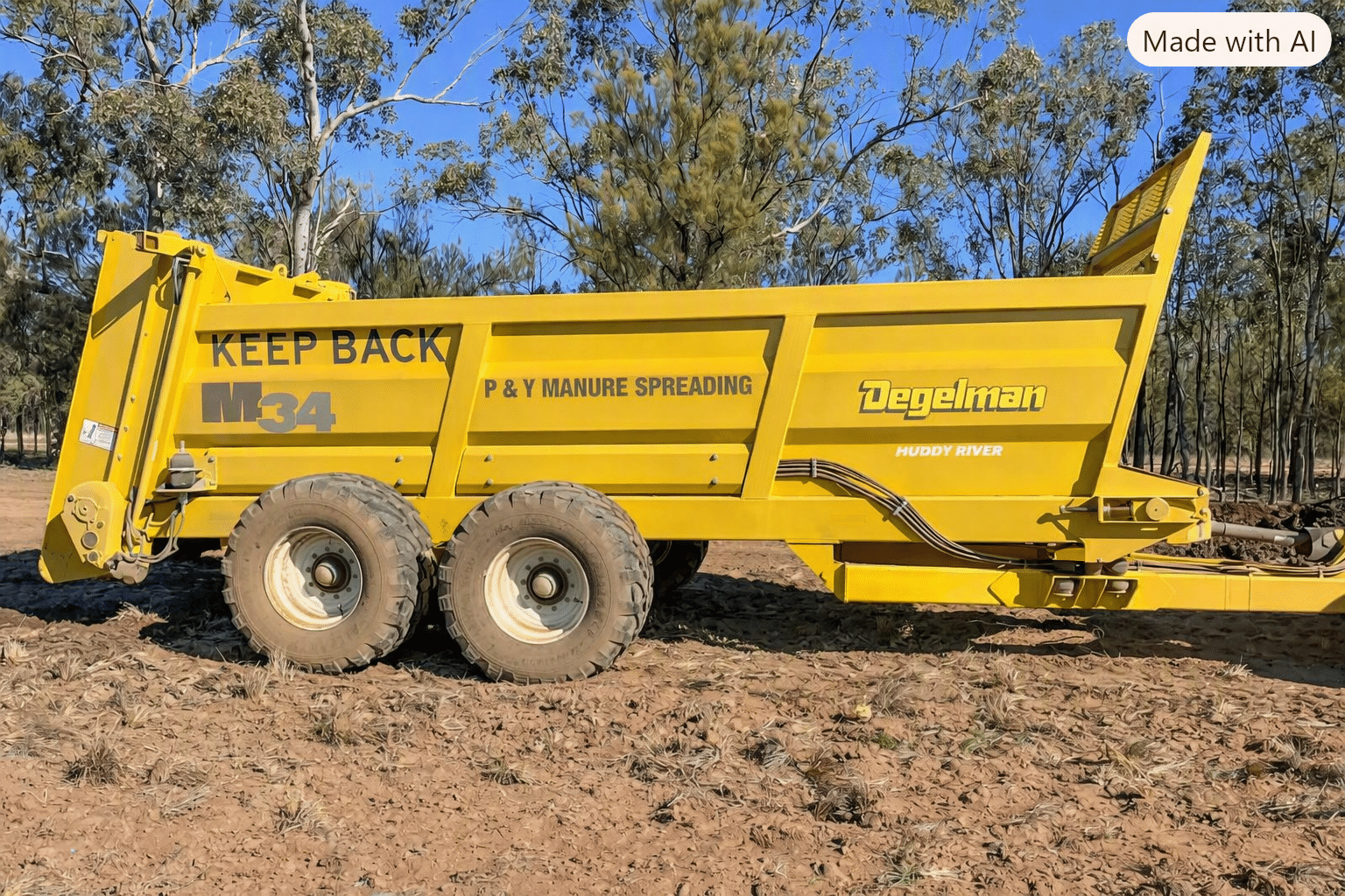 Large yellow manure spreader/trailer on a dirt field with trees in the background; markings read 'KEEP BACK' and 'P & Y MANURE SPREADING'.