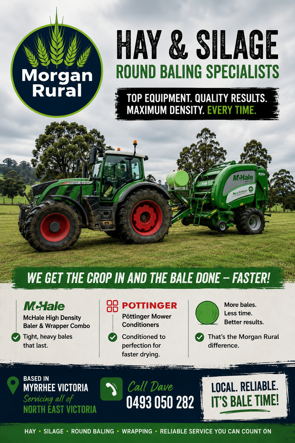 Advertisement banner for Morgan Rural hay and silage services showing a tractor pulling a baler on a farm field with bold text and logo.