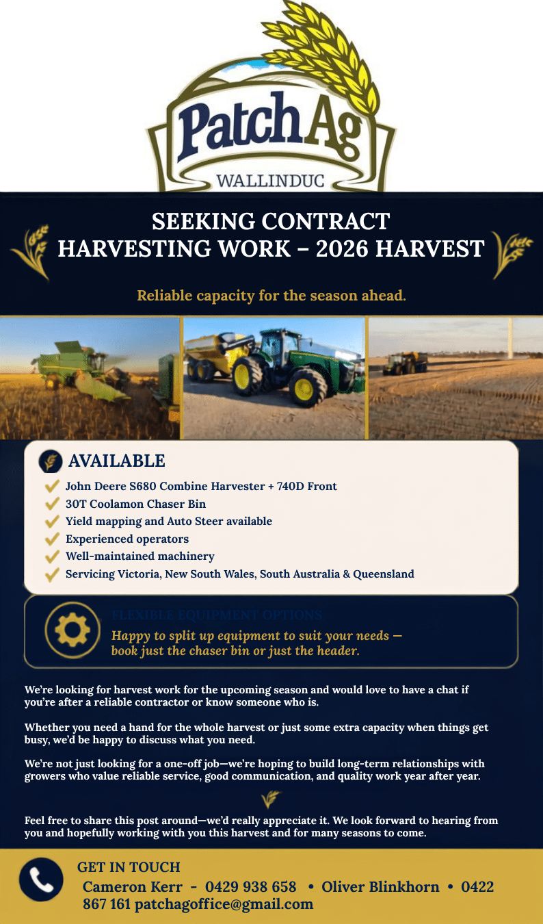 PatchAg Wallinduc poster seeking harvest contracting for 2026; shows logo, a dark banner with 'SEEKING CONTRACT HARVESTING WORK – 2026 HARVEST' and photos of harvesters, plus a white card listing available equipment and service areas.