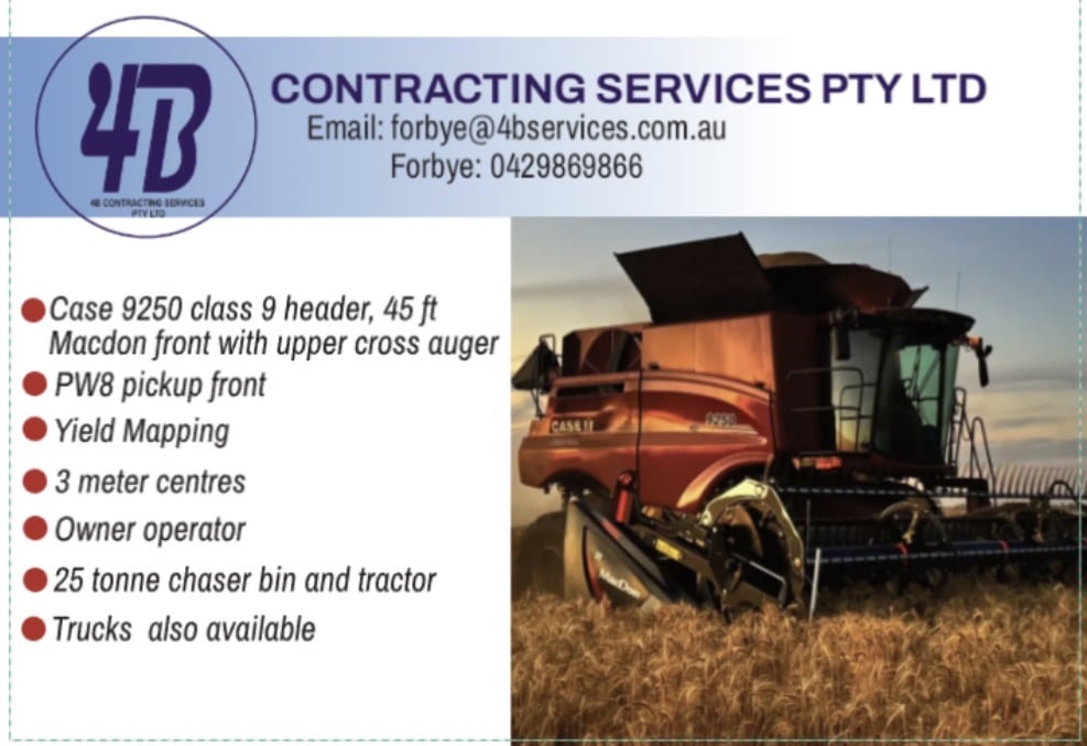 Contracting Services banner with logo, contact email and phone, and a red combine harvester in a field on the right side.