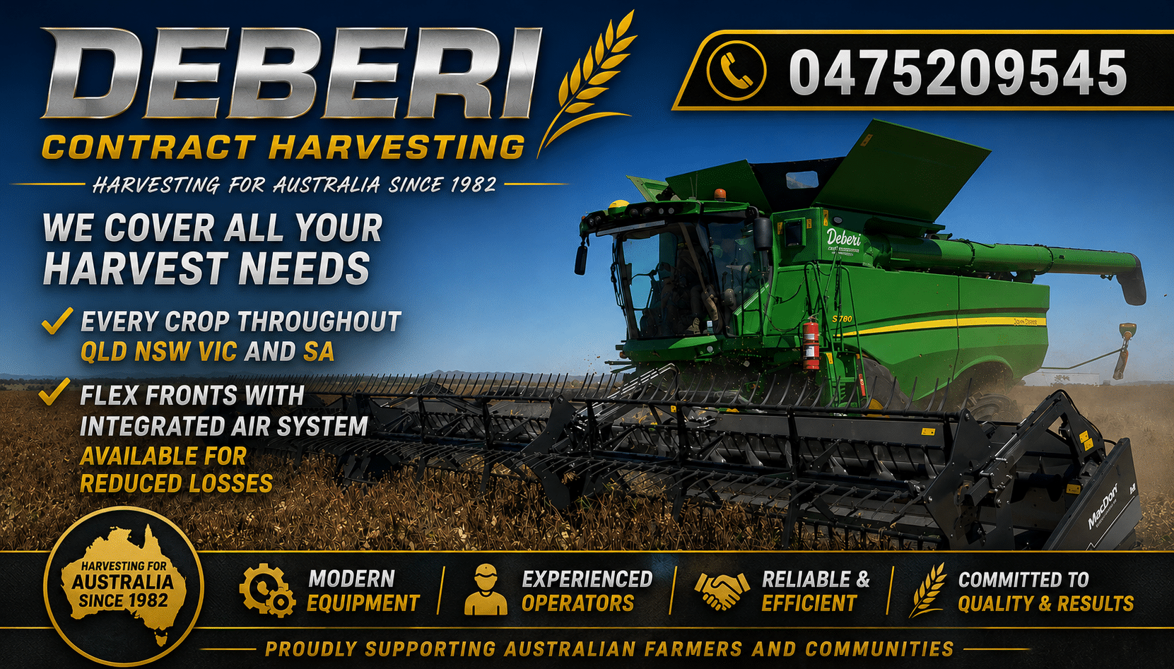 Advertising banner for Deberi Contract Harvesting featuring a green combine harvester in a field with bold gold and white text: 'WE COVER ALL YOUR HARVEST NEEDS' and contact elements indicating '0475...' plus a 'Harvesting for Australia since 1982' badge.