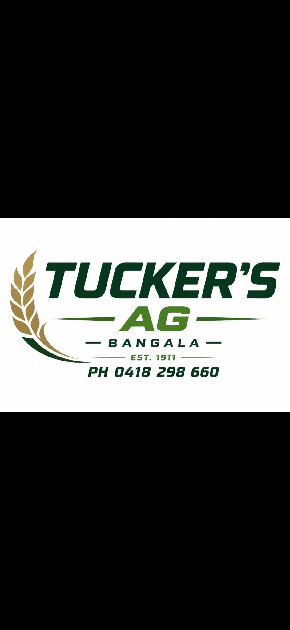 Tucker's AG Bangala logo with a golden wheat emblem and contact number 0418 298 660, Est. 1911