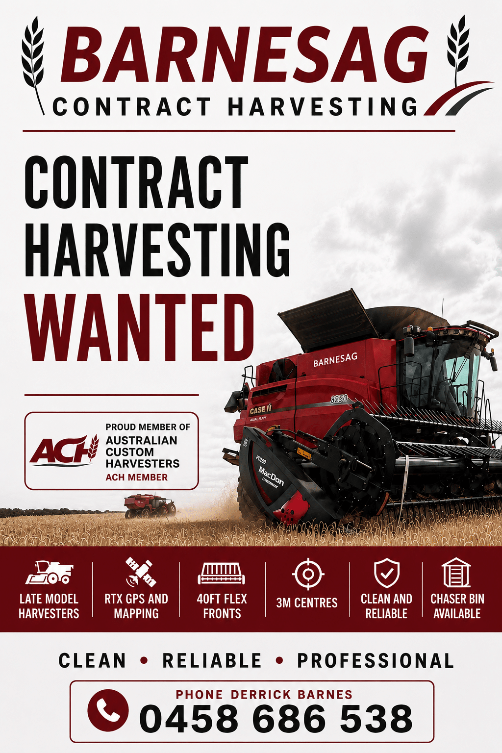 Poster for Barnesag Contract Harvesting seeking workers: large 'CONTRACT HARVESTING WANTED' text, a red combine harvester in a field, ACT member badge, and contact phone 0458 686 538.