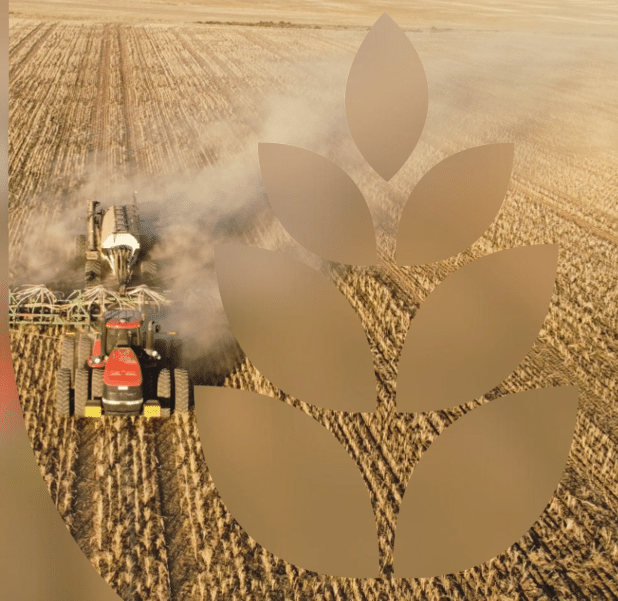 Tractor driving through a dusty plowed field, with a large beige leaf emblem overlaying the scene.