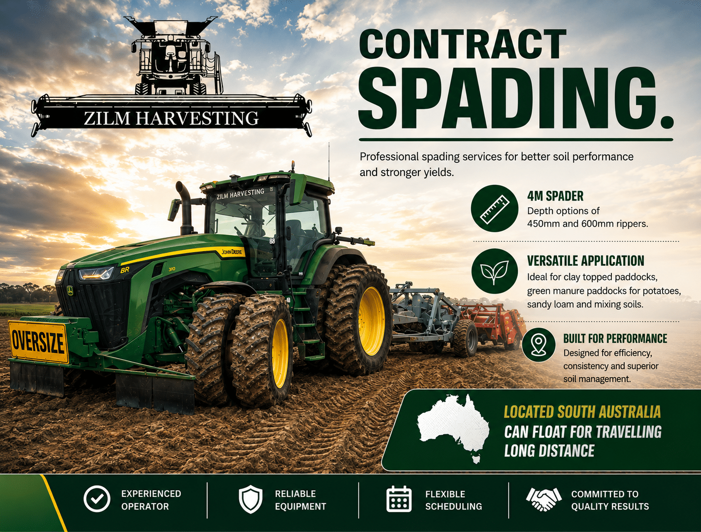 Green John Deere tractor on a dirt field with oversized banner and 'Zilm Harvesting' logo; infographic promoting contract spading services with bullet points on depth options, versatile applications, performance, and Australia location map.